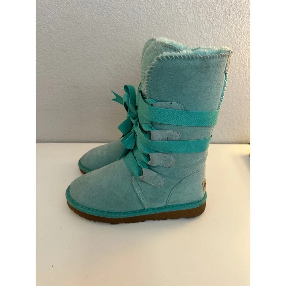 GQPY Women Turquoise Suede Ribbon Lace Up Faux Fur Lined Winter Boots 36